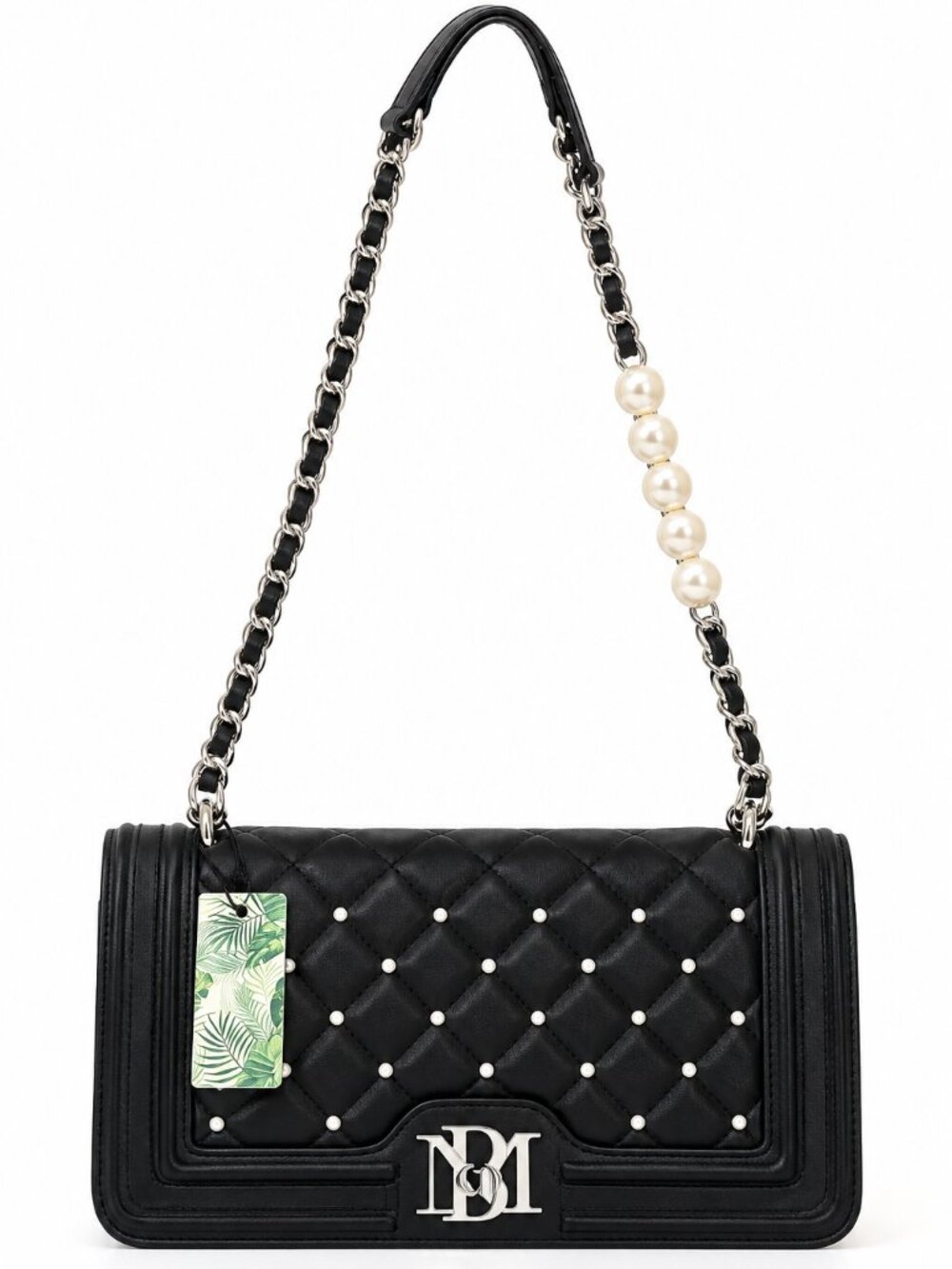 NWT Black Quilted Vegan Leather Crossbody Bag Faux Pearl Chain